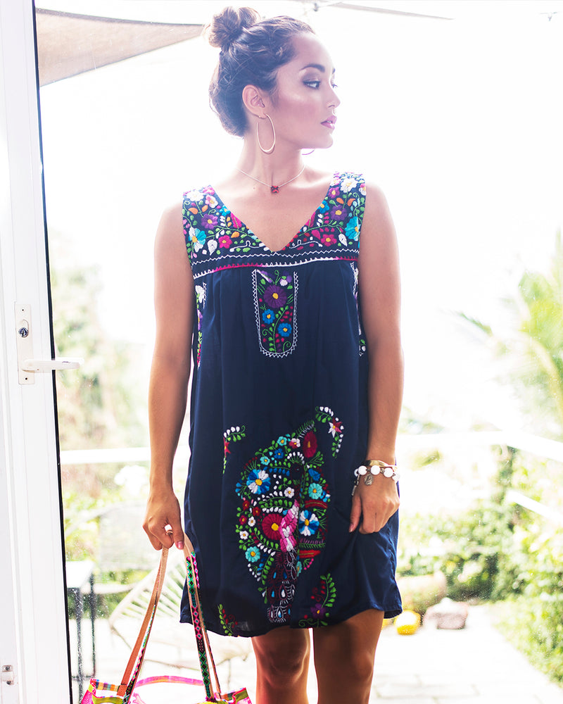 Navy Mexican Embroidered Dress